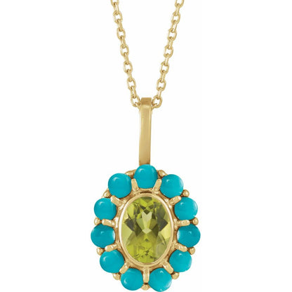 14K Gold Peridot & Turquoise Halo Necklace – 16"-18" Adjustable
