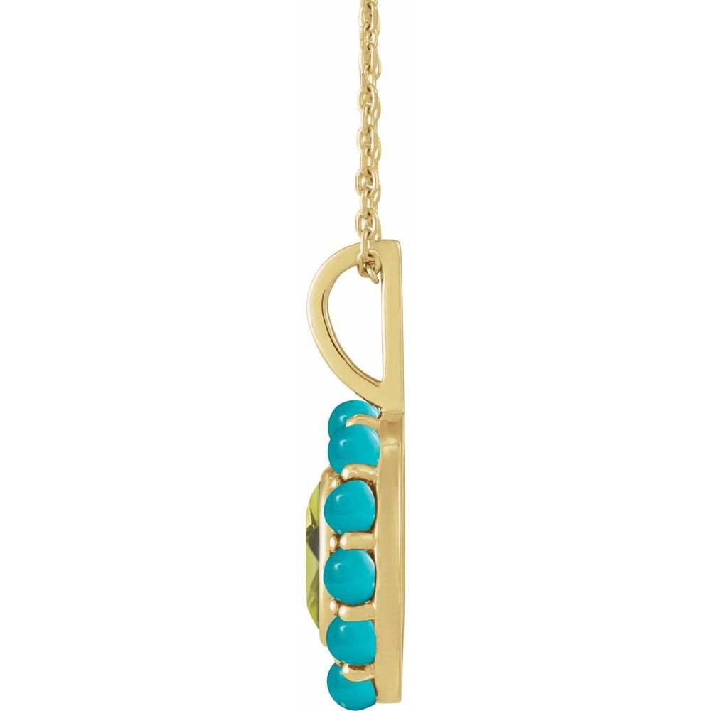 14K Gold Peridot & Turquoise Halo Necklace – 16"-18" Adjustable