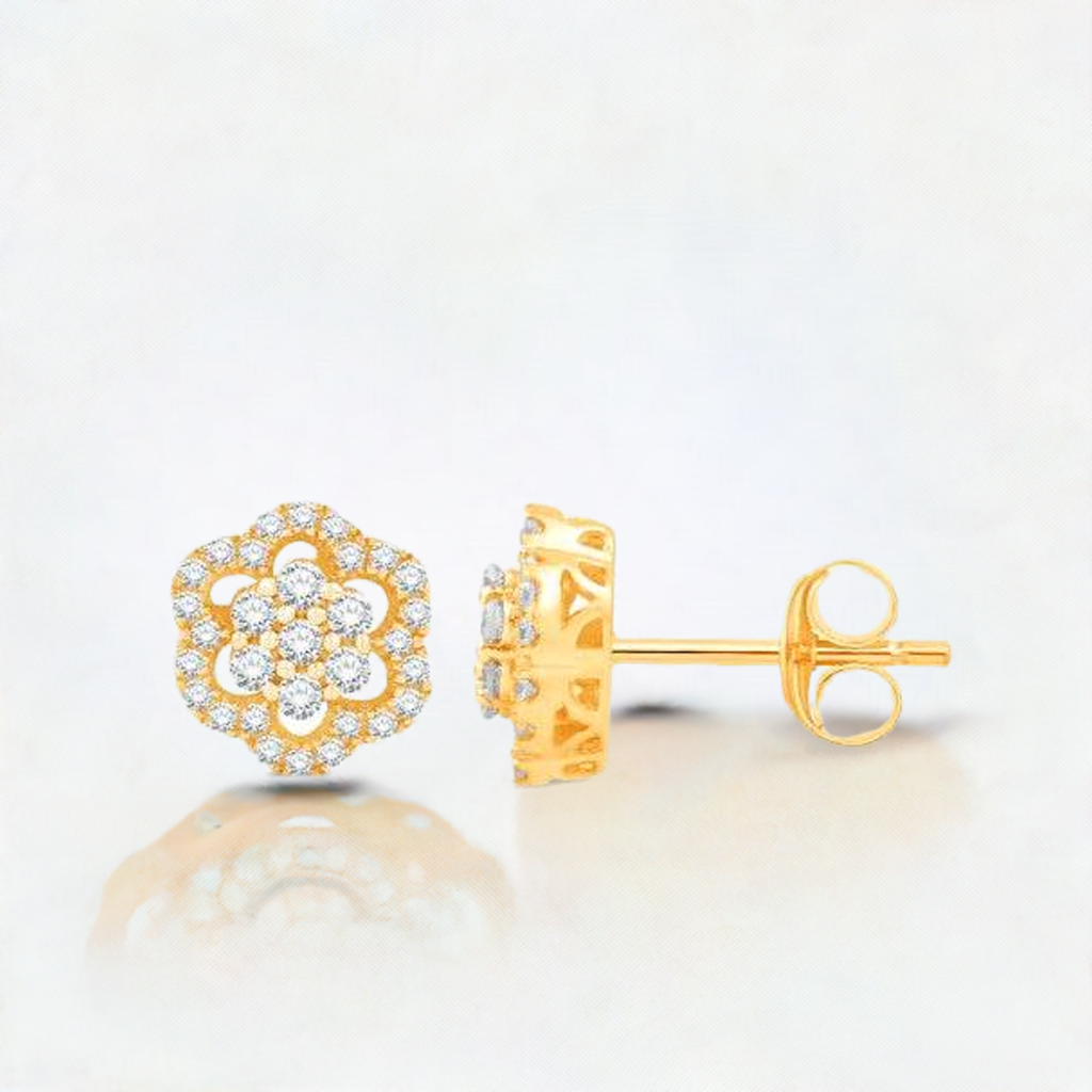 10 Karat All Yellow Gold 0.44 Carat Diamond Flower Earrings - Picasso Gold & Diamond Jewelry
