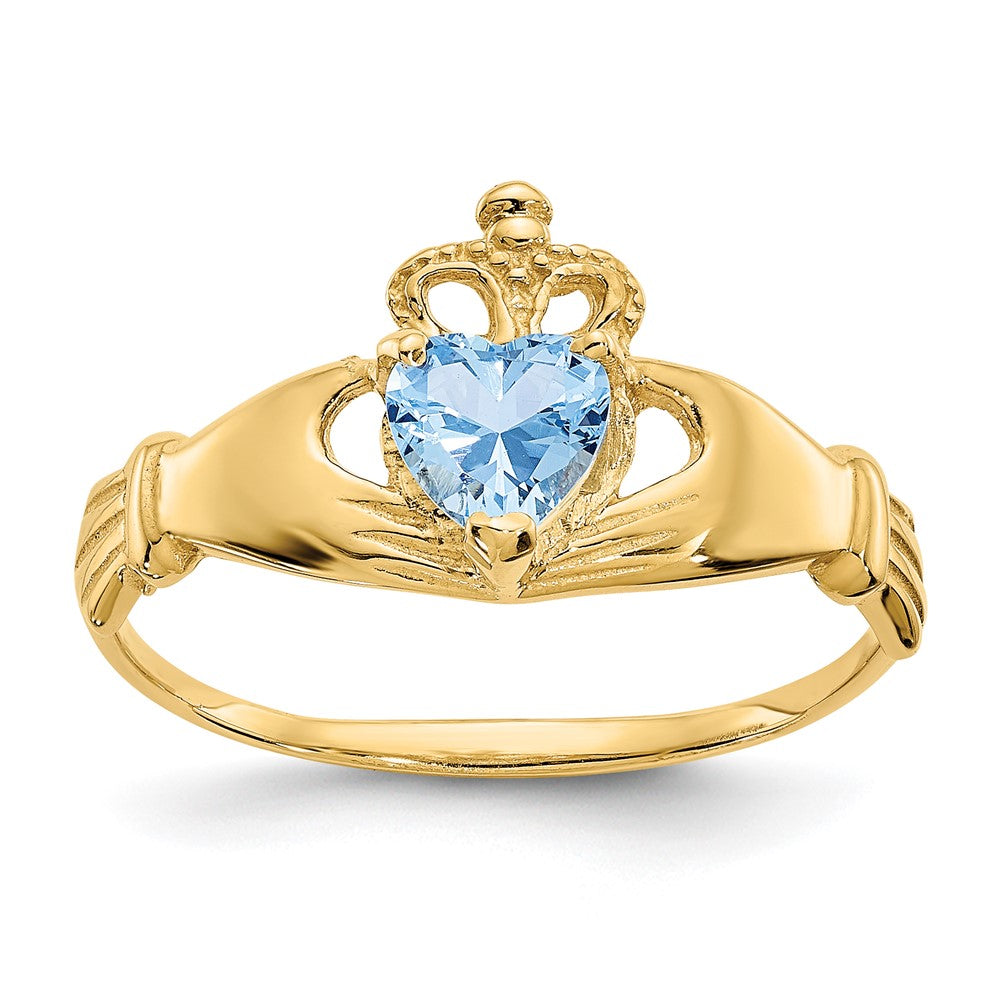 14K Yellow Gold Claddagh Heart Ring – March Birthstone CZ