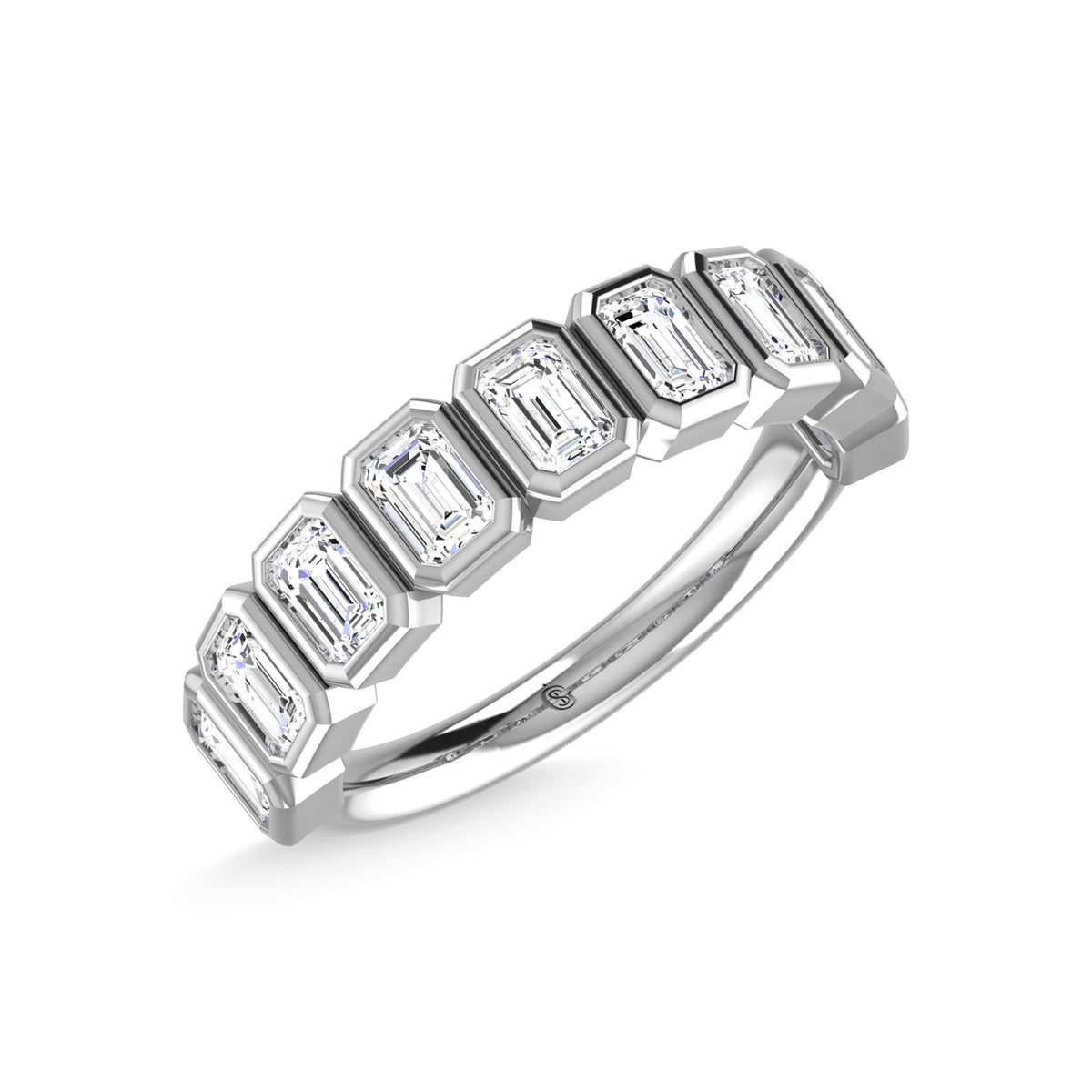 14K White Gold Lab Grown Diamond 7/8 ct. tw. Emerald Shape Halfway Bezel Band, top view of the diamonds