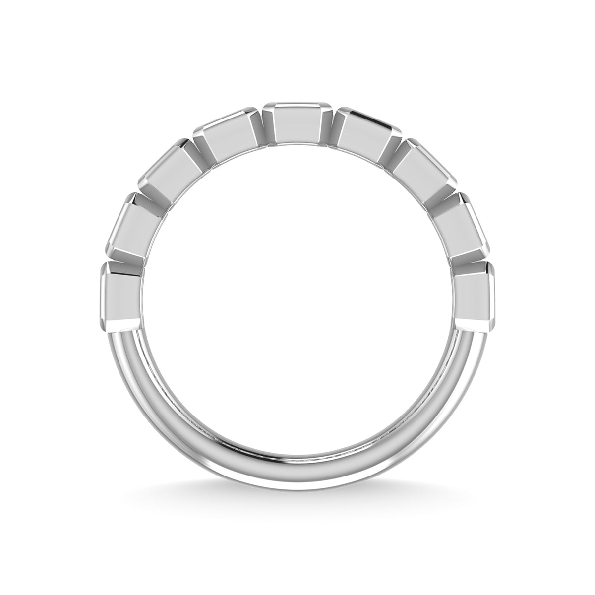 14K White Gold Lab Grown Diamond 7/8 ct. tw. Emerald Shape Halfway Bezel Band, close-up of the diamond setting