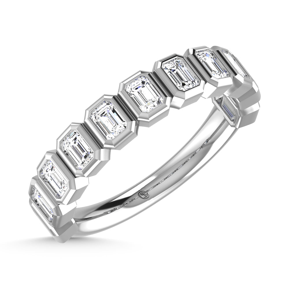14K White Gold Lab Grown Diamond 1 1/3 ct. tw. Emerald Shape Halfway Bezel Wedding Band, top view of the diamonds