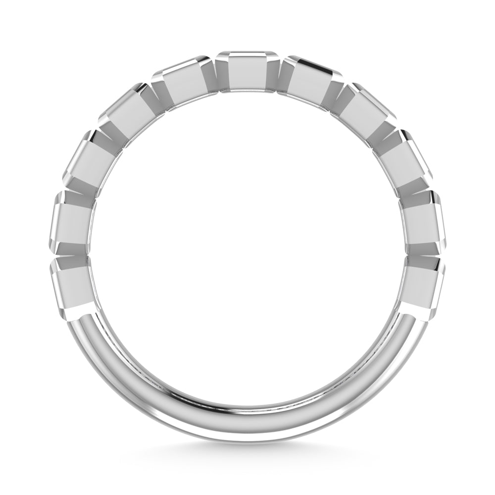 14K White Gold Lab Grown Diamond 1 1/3 ct. tw. Emerald Shape Halfway Bezel Wedding Band, close-up of the diamond setting