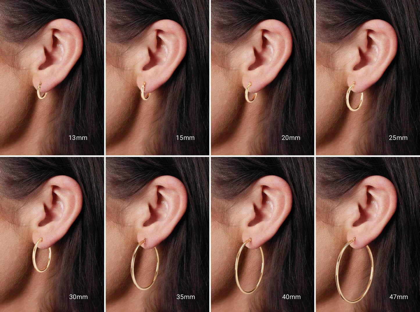 Choosing a wider huggie earring makes a bolder statement and is more noticeable, while choosing a narrower earring is more subtle and understated.