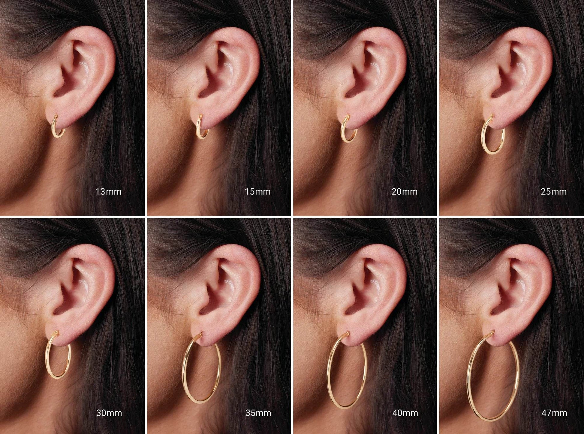 Choosing a wider huggie earring makes a bolder statement and is more noticeable, while choosing a narrower earring is more subtle and understated.