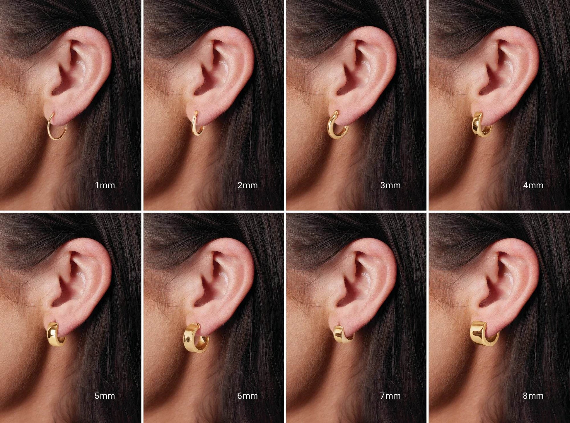 Choosing a wider huggie earring makes a bolder statement and is more noticeable, while choosing a narrower earring is more subtle and understated.