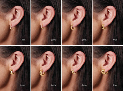 Choosing a wider huggie earring makes a bolder statement and is more noticeable, while choosing a narrower earring is more subtle and understated.