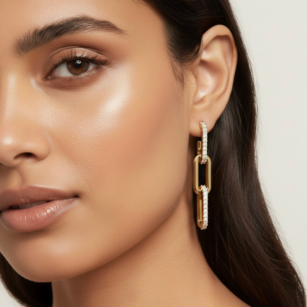 Paper clip earrings in 14k White Gold, featuring lab-grown diamond accents, alternate close-up view.