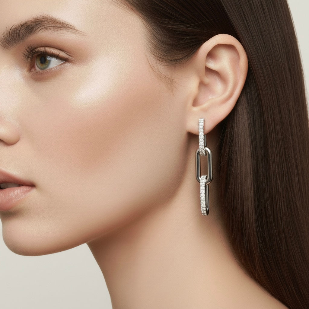14k White Gold paper clip earrings, featuring lab-grown diamond accents, side profile view | Picasso Gold & Diamond Jewelry.