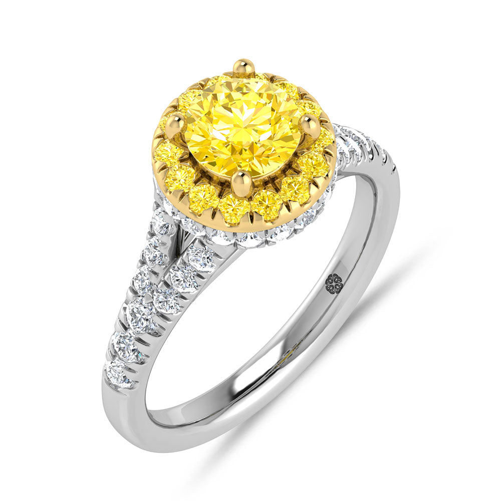 14K White Gold Lab Grown Round Shape Yellow Diamond 1 7/8 ct. tw. Engagement Ring, top view of the diamonds