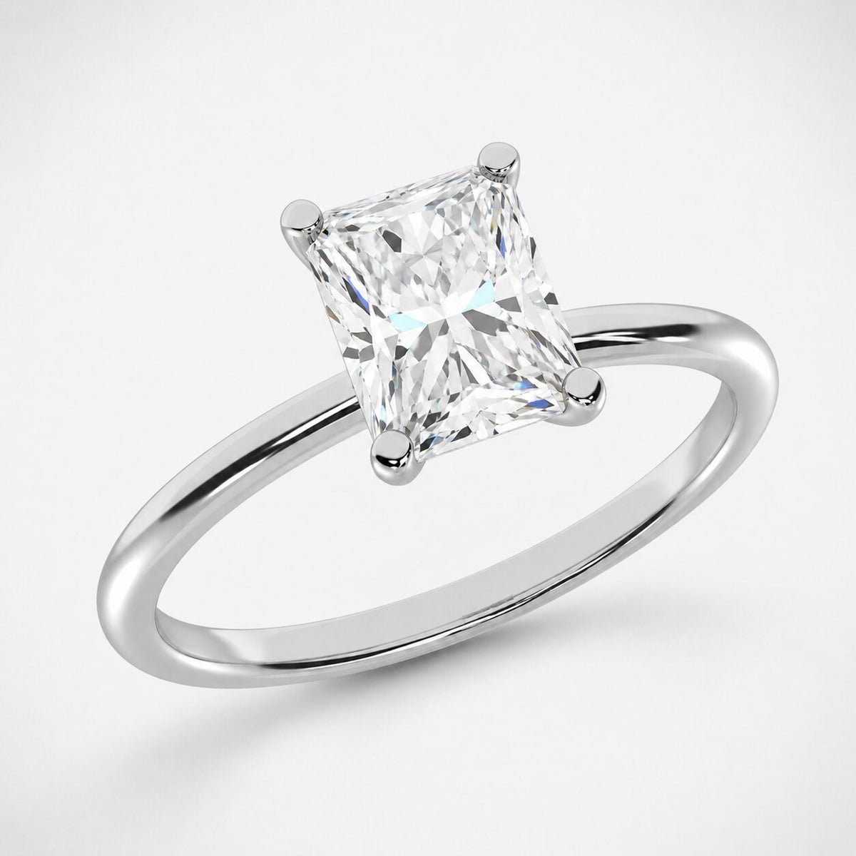14K White Gold Lab Grown Diamond 1 1/2 ct. tw. IGI Certified Radiant Shape Solitaire, side profile view showing the band