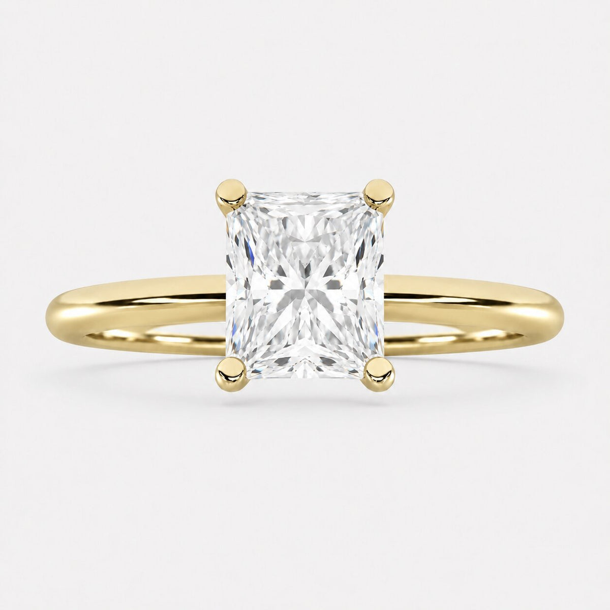 14K Yellow Gold Lab Grown Diamond 2 ct. tw. IGI Certified Radiant Shape Solitaire, side profile view showing the band