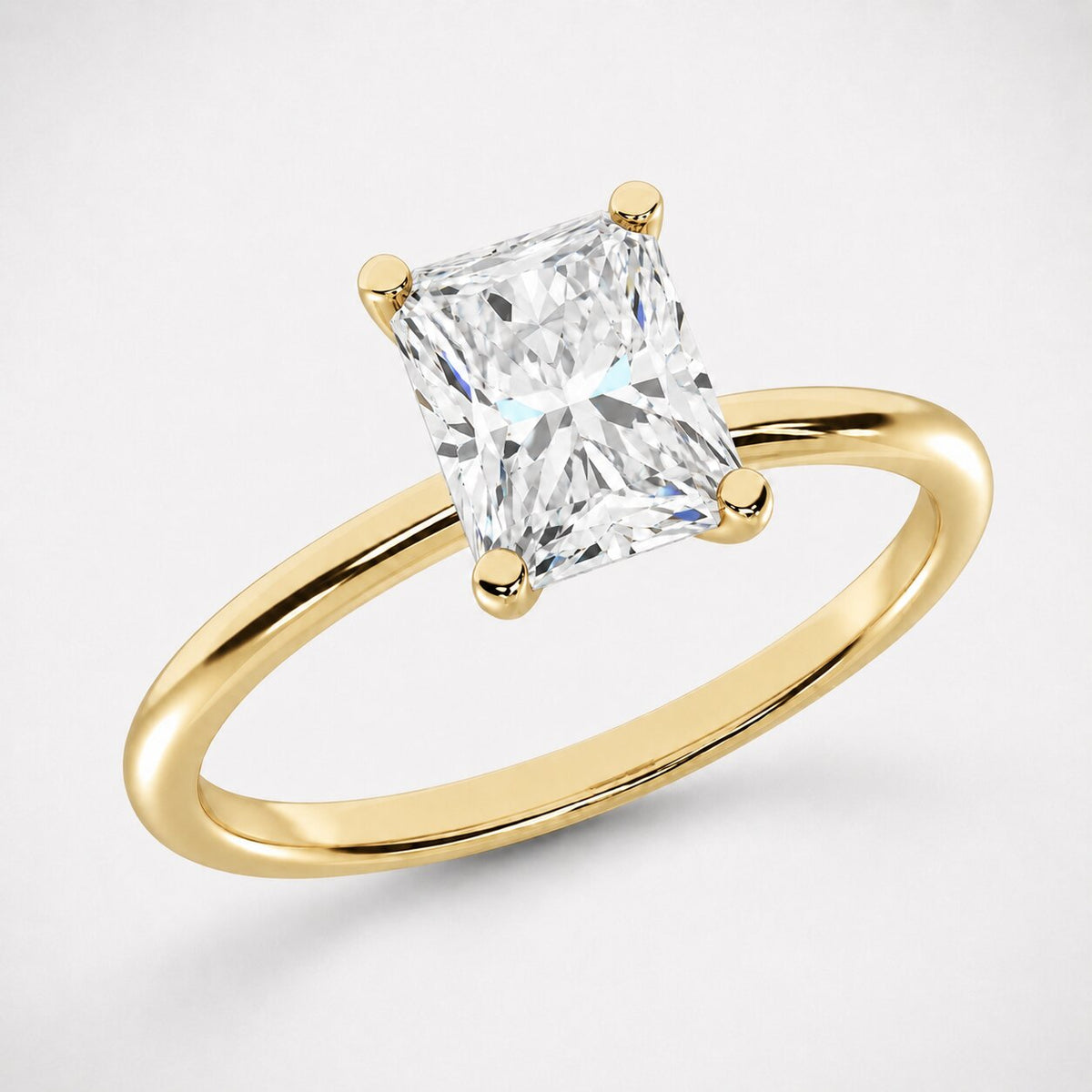 14K Yellow Gold Lab Grown Diamond 2 ct. tw. IGI Certified Radiant Shape Solitaire, close-up of the diamond setting