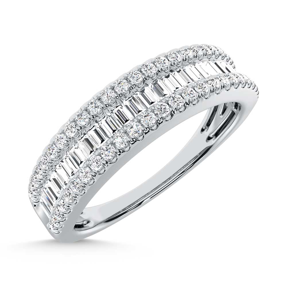 14K White Gold lab-grown diamond 2 Ct. baguette wedding band, studio shot.