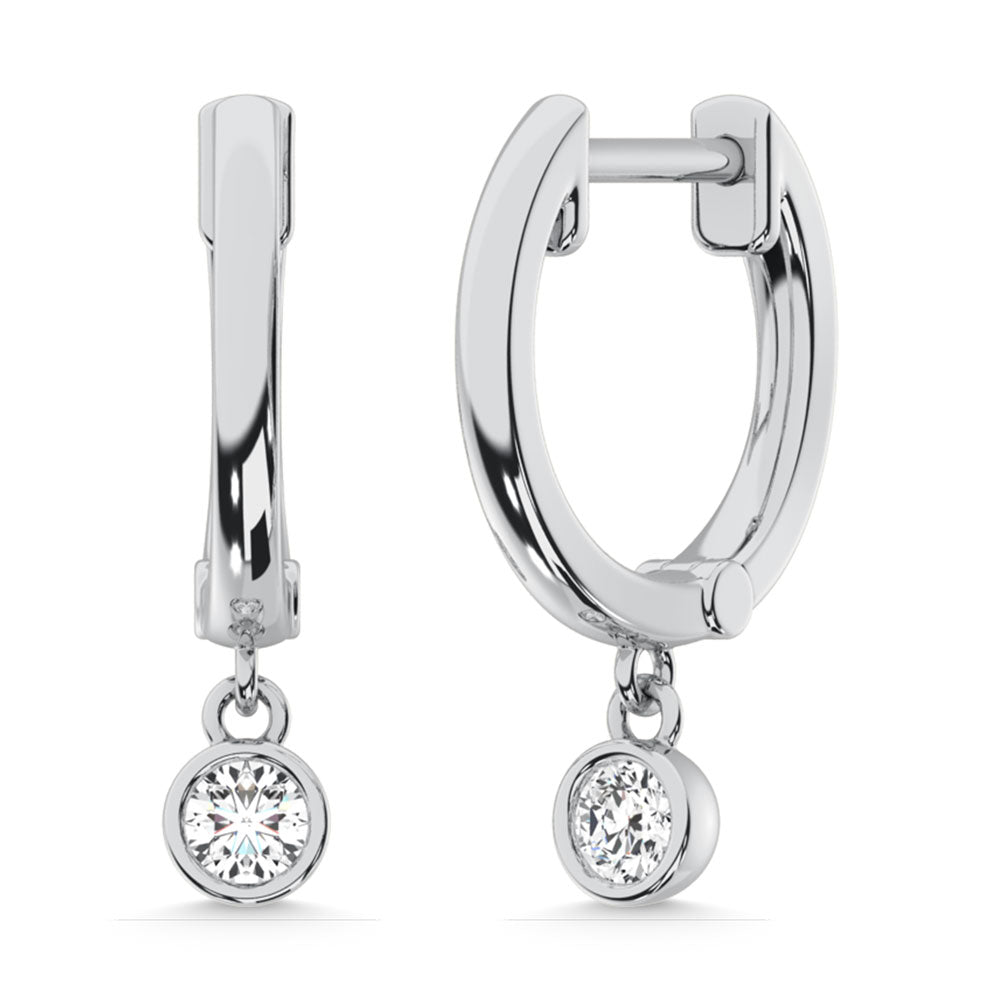 Hoop earrings in 10k White Gold, set with 1/2 Ct.Tw. lab-grown diamond, in a round cut, close-up detail shot.