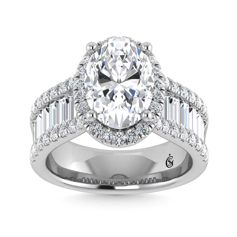 14K White Gold IGI-certified lab-grown diamond 4 5/8 ct.tw. round and baguette shank engagement ring, front view.