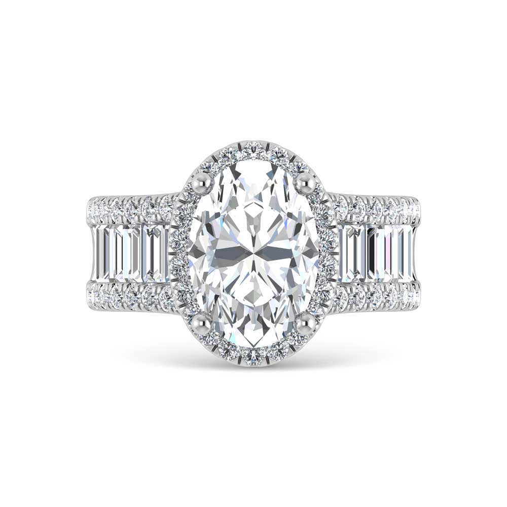 14K White Gold IGI-certified lab-grown diamond 4 5/8 ct.tw. round and baguette shank engagement ring, close-up detail shot.