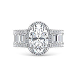 14K White Gold IGI-certified lab-grown diamond 4 5/8 ct.tw. round and baguette shank engagement ring, close-up detail shot.