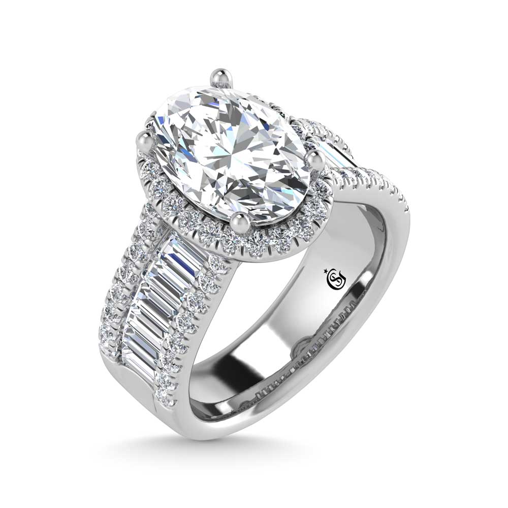 14K White Gold IGI-certified lab-grown diamond 4 5/8 ct.tw. round and baguette shank engagement ring, side profile view.