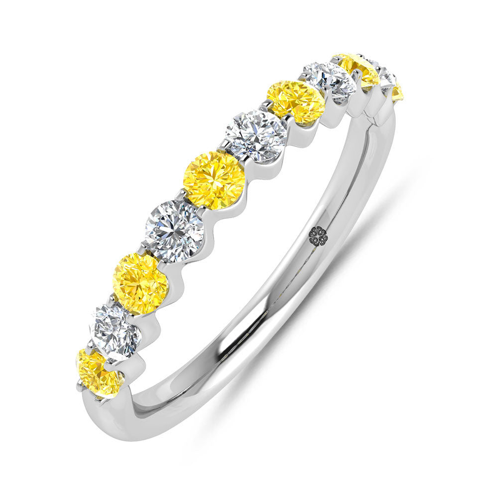 14K White Gold Alternate Lab Grown Yellow and White Diamond 1/2 ct. tw. Stackable Band, top view of the diamonds