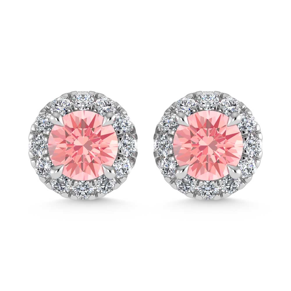 Stud earrings in 14k White Gold, set with 0.73 CTW lab grown diamond, with round / round pink-cut stones, close-up detail shot.