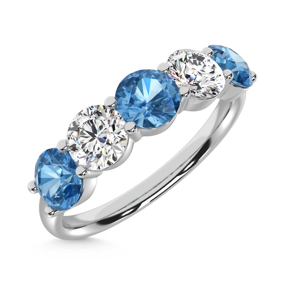 14K White Gold 1 1/2 ct. tw. 5 Stone Alternate White and Blue Lab Grown Diamond Band, top view of the diamonds