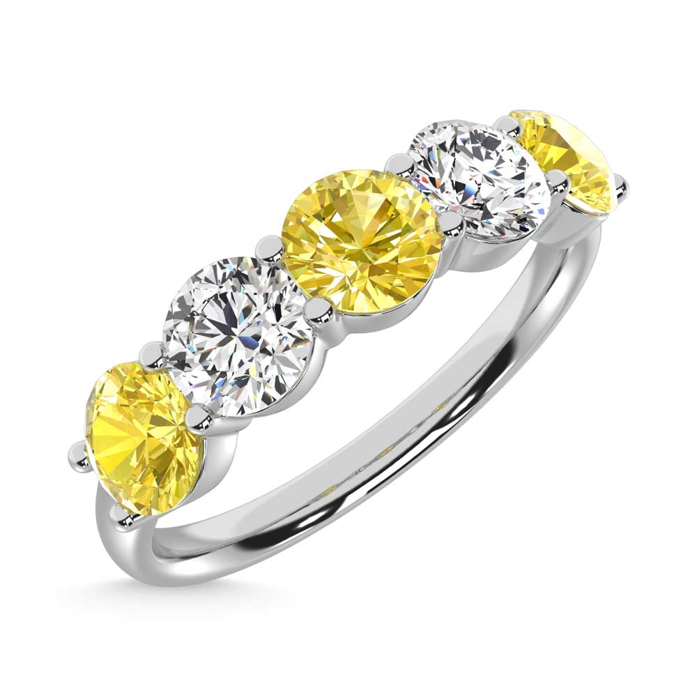 14K White Gold 1 ct. tw. 5 Stone Alternate White and Yellow Lab Grown Diamond Band, top view of the diamonds