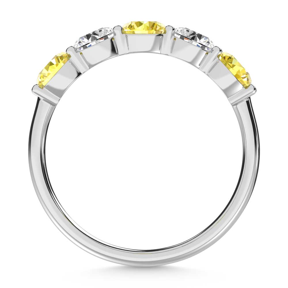 14K White Gold 1 ct. tw. 5 Stone Alternate White and Yellow Lab Grown Diamond Band, close-up of the diamond setting