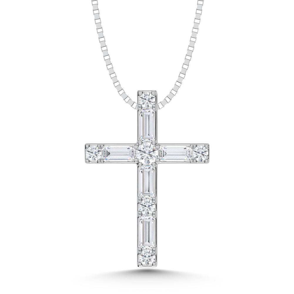 10K White Gold Lab Grown Diamond 1/4 Ct.Tw. Round and Baguette Cross Pendant