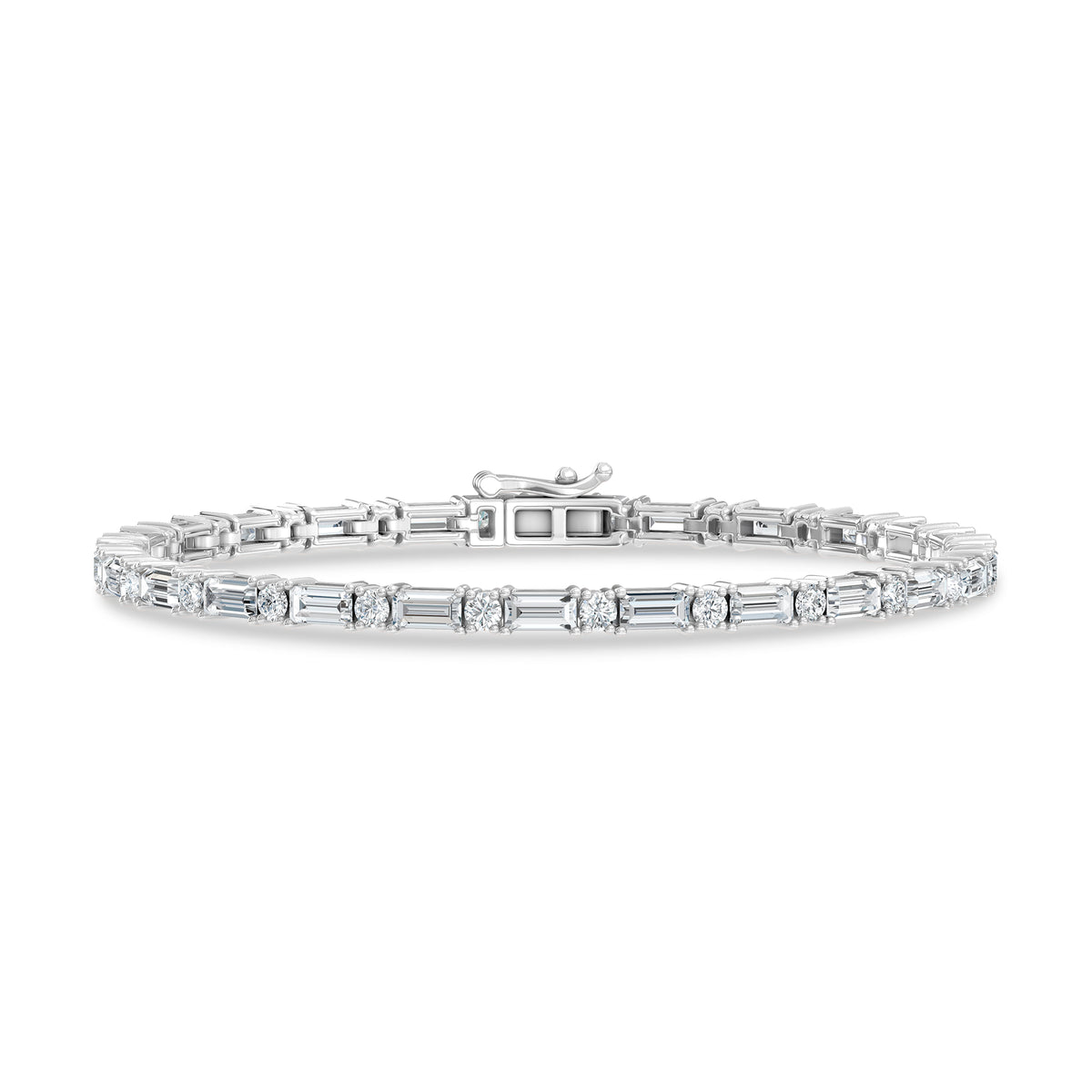 Classic 14k White Gold bracelet, set with 3.33 CTW lab grown diamond, with round / straight baguette-cut stones, close-up detail shot.