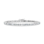 Classic 14k White Gold bracelet, set with 3.33 CTW lab grown diamond, with round / straight baguette-cut stones, close-up detail shot.