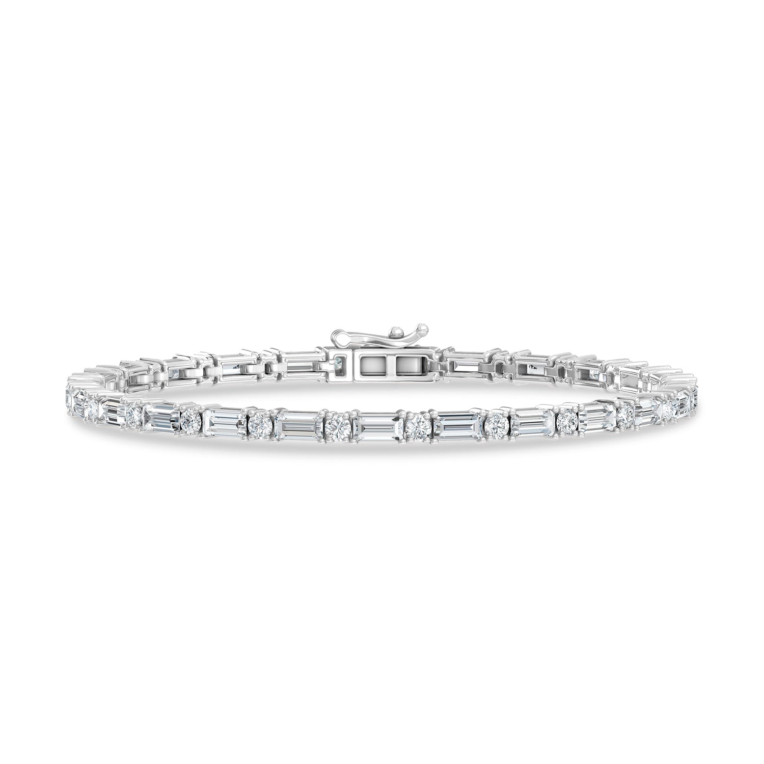 Classic 14k White Gold bracelet, set with 3.33 CTW lab grown diamond, with round / straight baguette-cut stones, close-up detail shot.