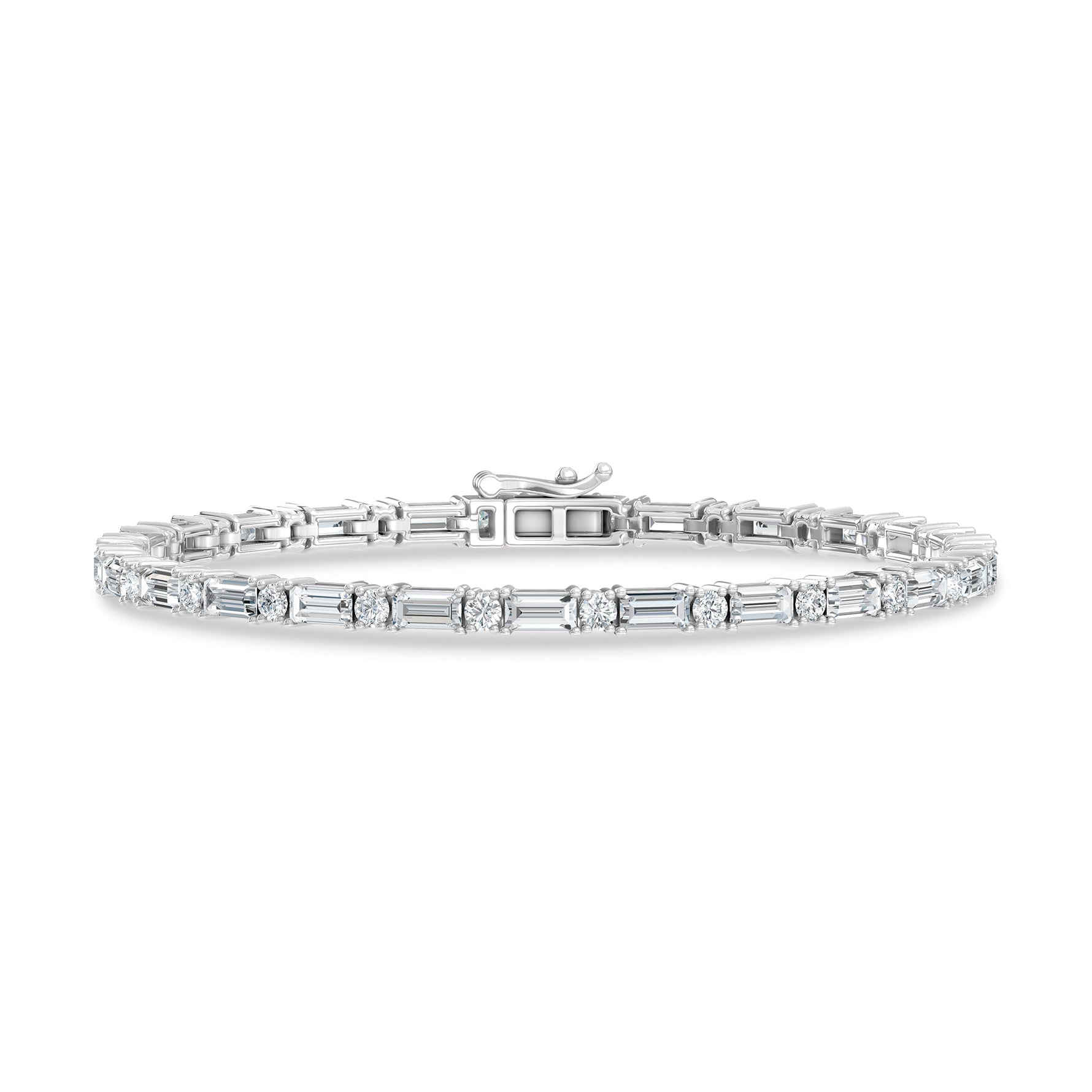 Classic 14k White Gold bracelet, set with 3.33 CTW lab grown diamond, with round / straight baguette-cut stones, close-up detail shot.