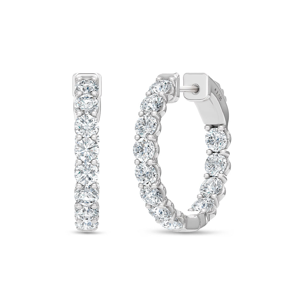 Hoop earrings in 14k White Gold, featuring 2 CTW lab grown diamond, with round-cut stones, close-up detail shot.