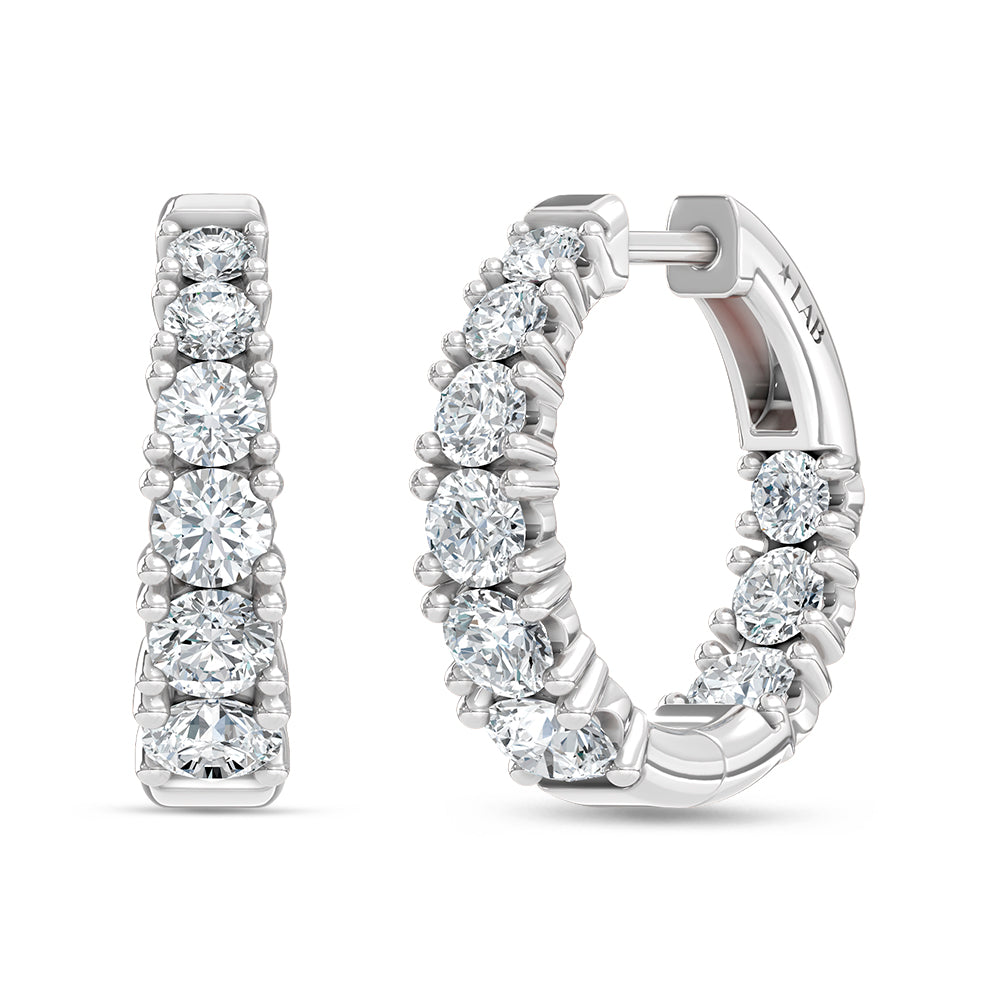 Elegant 14k White Gold hoop earrings, set with 2 CT lab-grown diamond, close-up detail shot | Picasso Gold & Diamond Jewelry.
