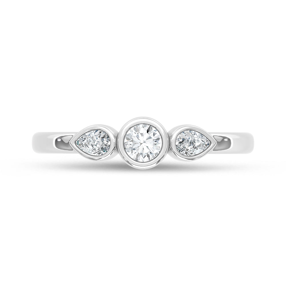 14K White Gold lab-grown diamond 1/4 ct.tw. three-stone ring, close-up detail shot.