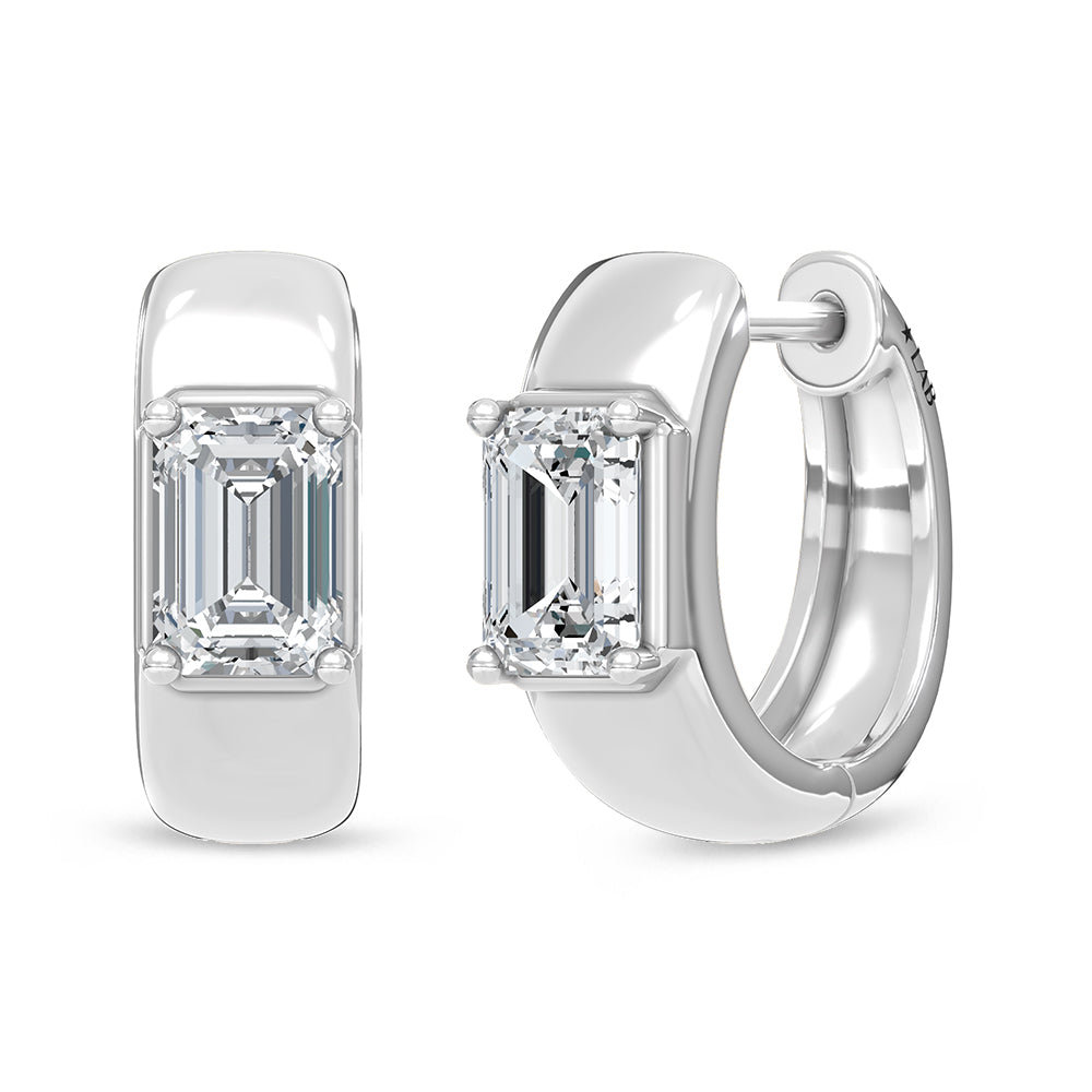 14k White Gold hoop earrings, set with 1 CTW lab grown diamond, in a emerald cut, close-up detail shot.