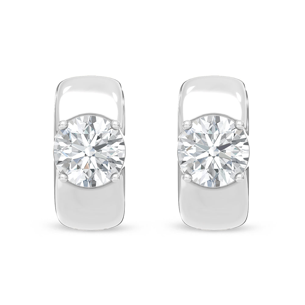 Elegant 14k White Gold hoop earrings, set with 1 CTW lab grown diamond, side profile view.