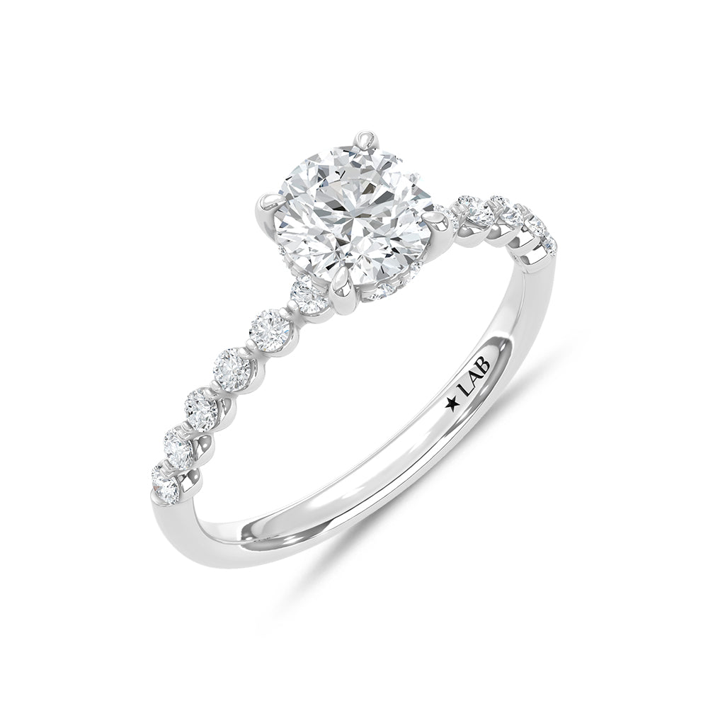 14K White Gold lab-grown diamond 1 1/3 ct.tw. round-shape engagement ring, side profile view.