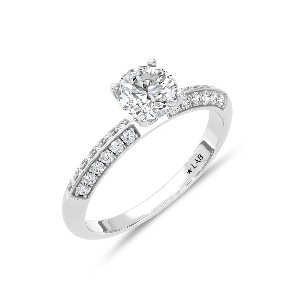 10K White Gold lab-grown diamond 1 ct.tw. round-shape engagement ring, side profile view.