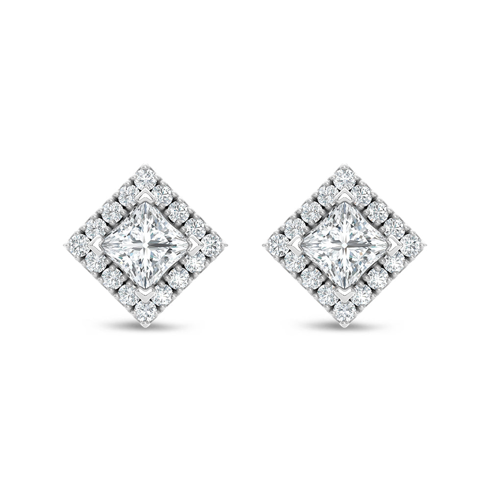 14k White Gold stud earrings, featuring 0.68 CTW lab grown diamond, in a princess / round cut, close-up detail shot | Picasso Gold & Diamond Jewelry.