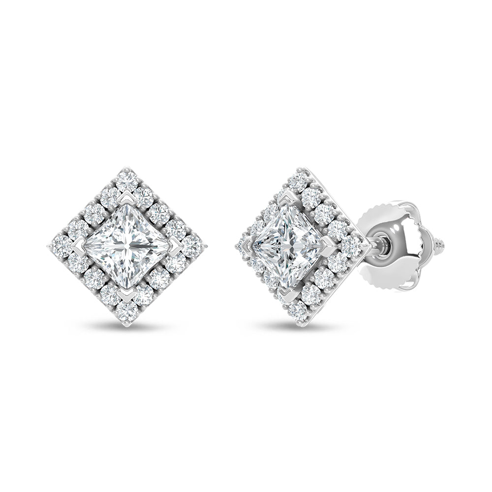14k White Gold stud earrings, set with 0.68 CTW lab grown diamond, side profile view.