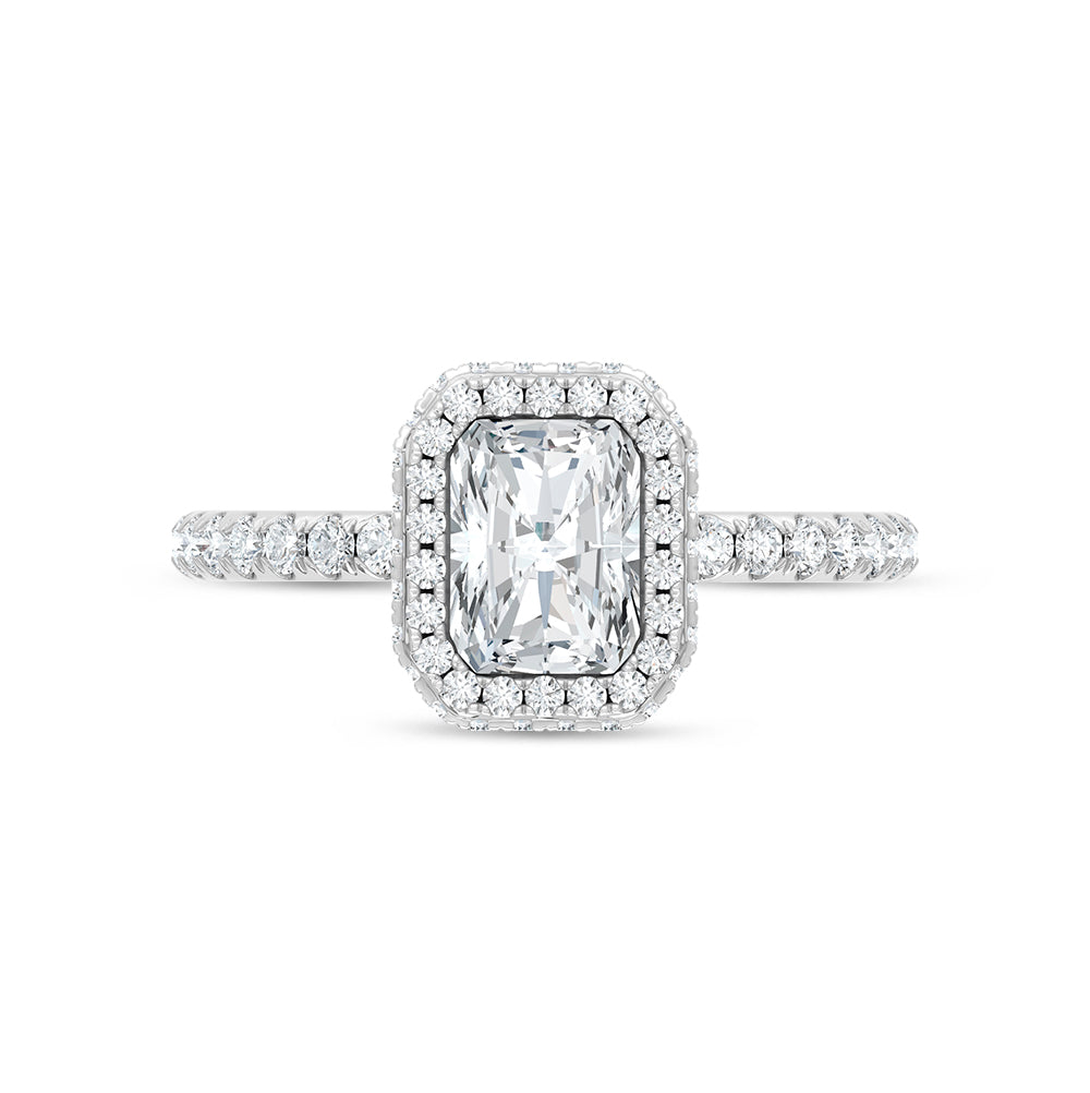 14K White Gold lab-grown diamond 1 5/8 ct.tw. elongated radiant-cut engagement ring, close-up detail shot.