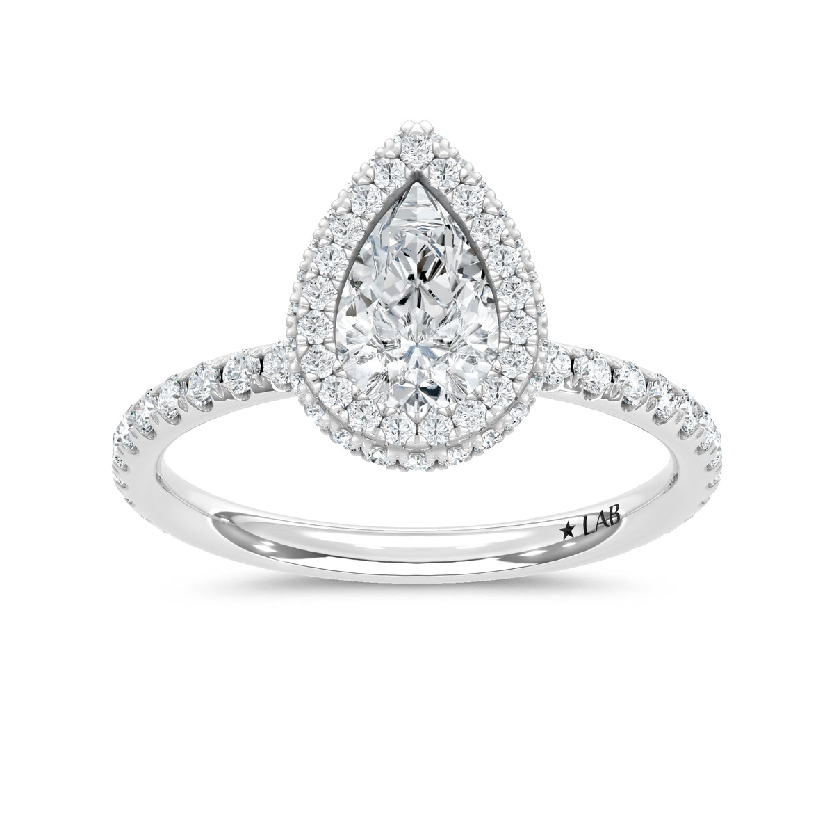 14K White Gold lab-grown diamond 1 5/8 ct.tw. pear-shape engagement ring, front view.