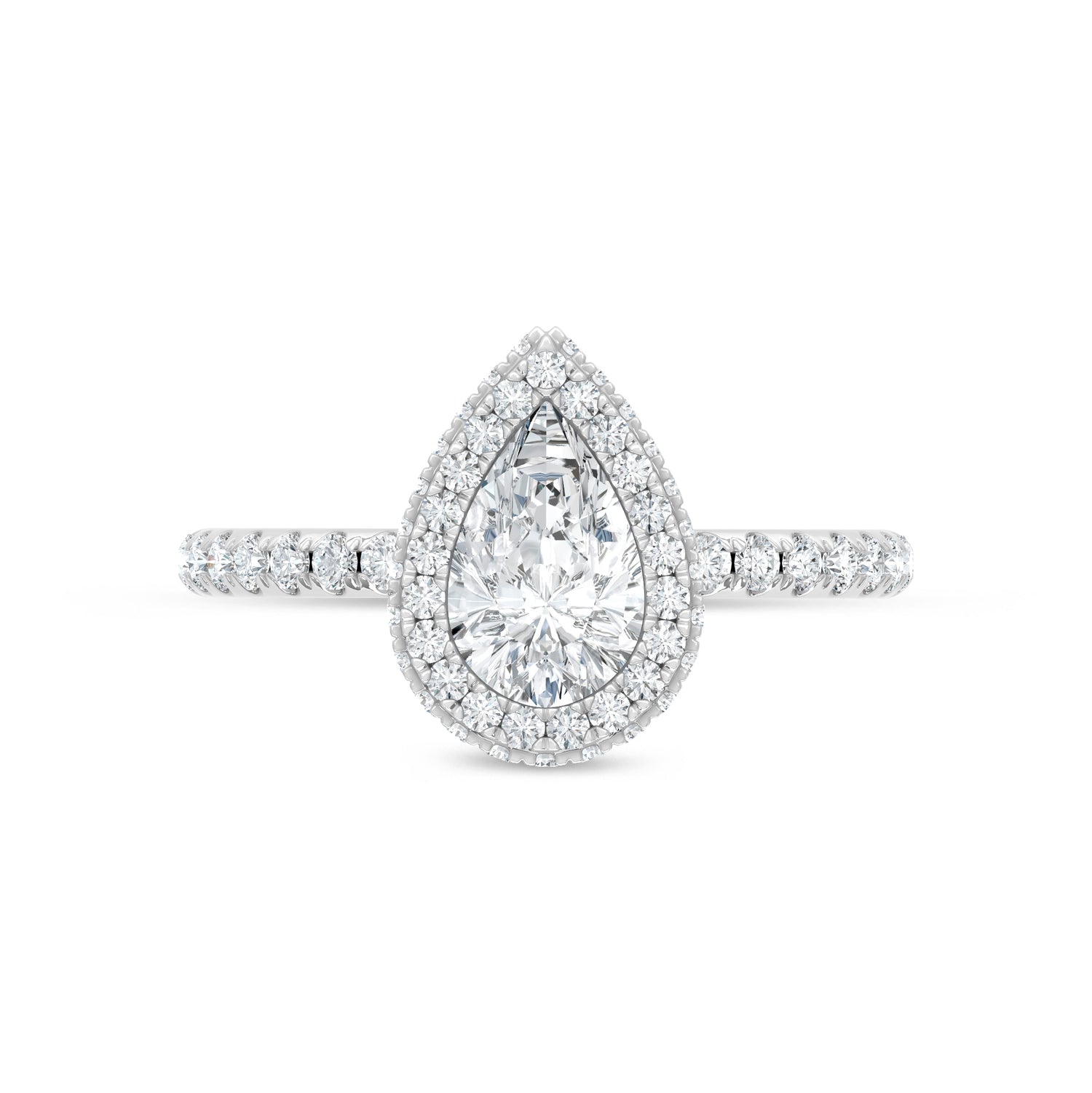 14K White Gold lab-grown diamond 1 5/8 ct.tw. pear-shape engagement ring, close-up detail shot.