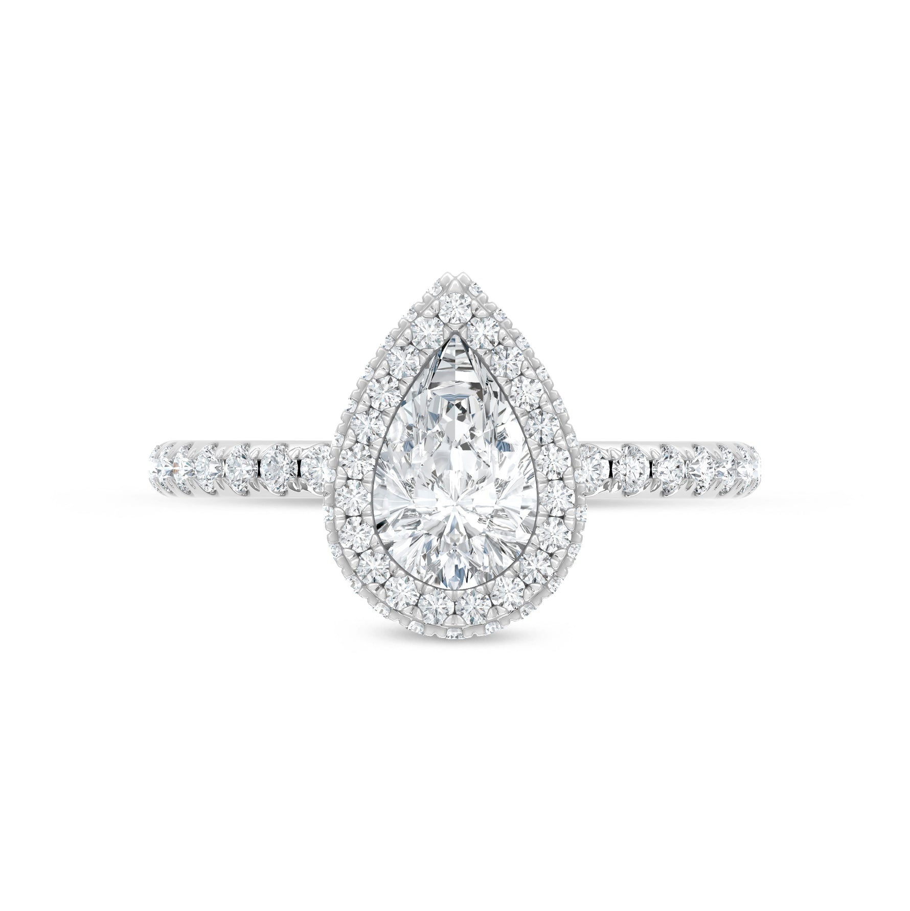 14K White Gold lab-grown diamond 1 5/8 ct.tw. pear-shape engagement ring, close-up detail shot.