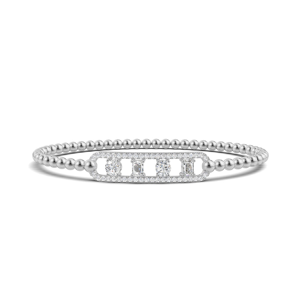 Diamond bangle in 14k White Gold, set with 1.05 CTW lab grown diamond, with round-cut stones, close-up detail shot.