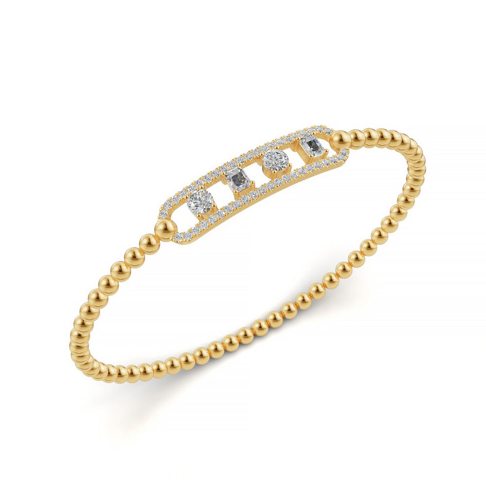 Classic 14k Yellow Gold diamond bangle, set with 1.05 CTW lab grown diamond, side profile view.