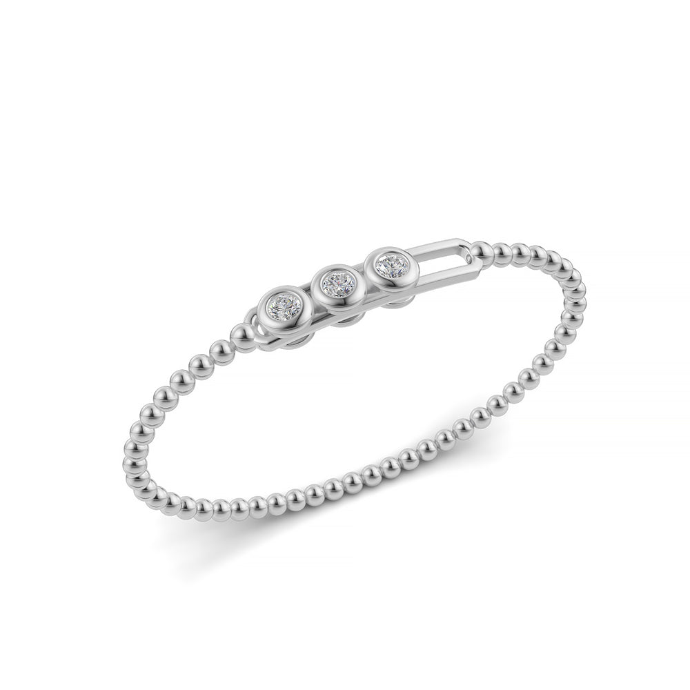 Diamond bangle in 14k White Gold, set with 0.7 CTW lab grown diamond, side profile view.